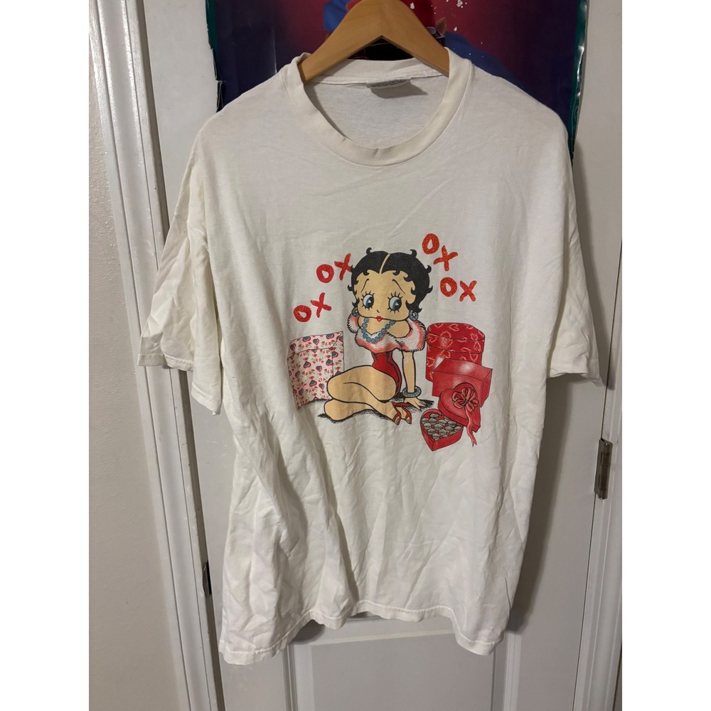 Vintage AST Betty Boop Valentines Day Glitter Graphic T-Shirt White Large Mens